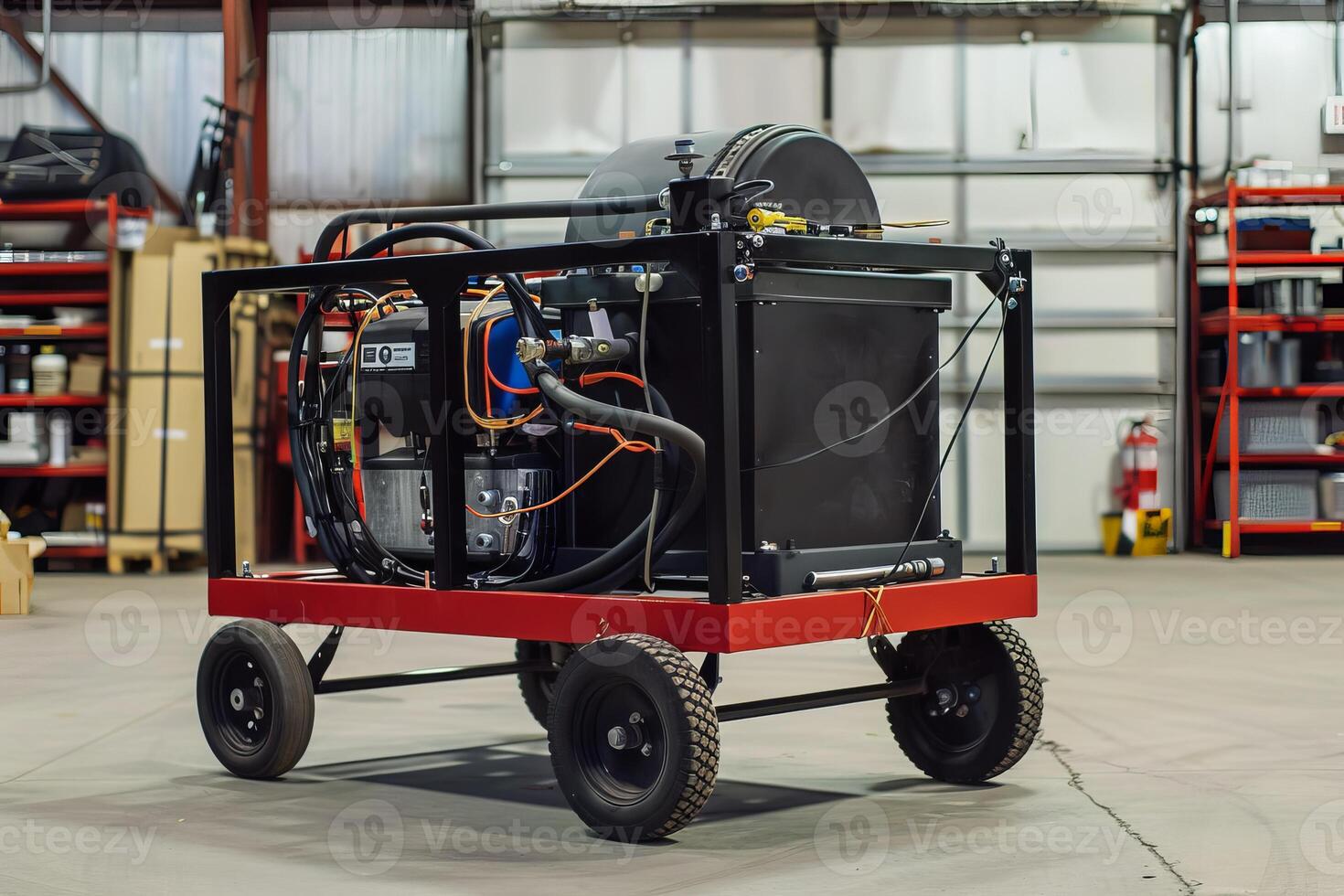 Industrial equipment standing on wheels in workshop photo