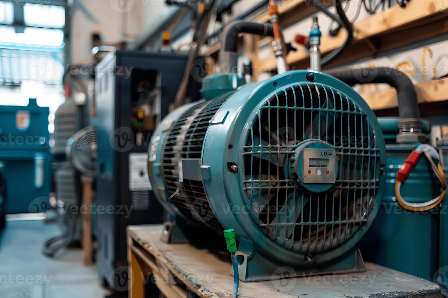 Powerful electric motor standing in industrial workshop photo