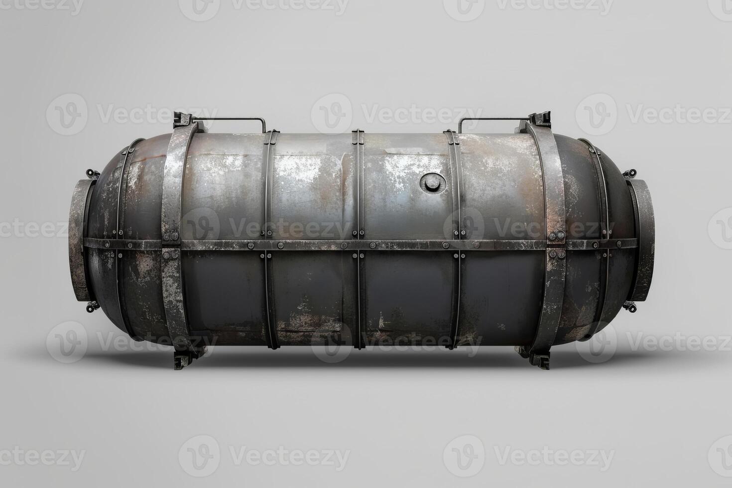 Old rusty metal container tank isolated on grey background photo