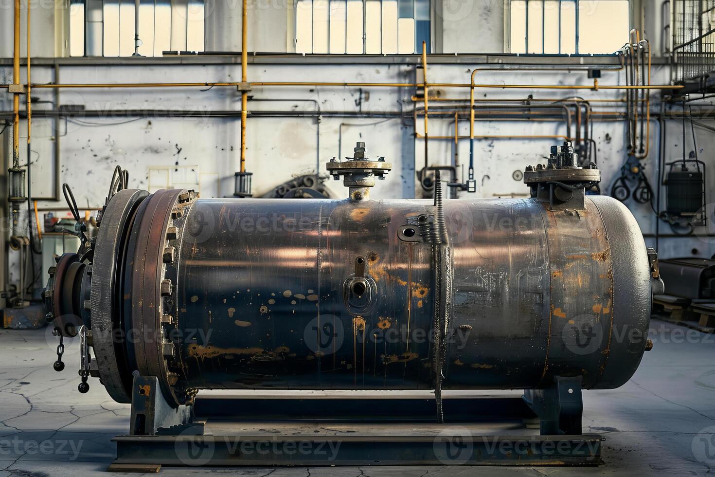 Large rusty industrial autoclave standing on metal platform in factory photo