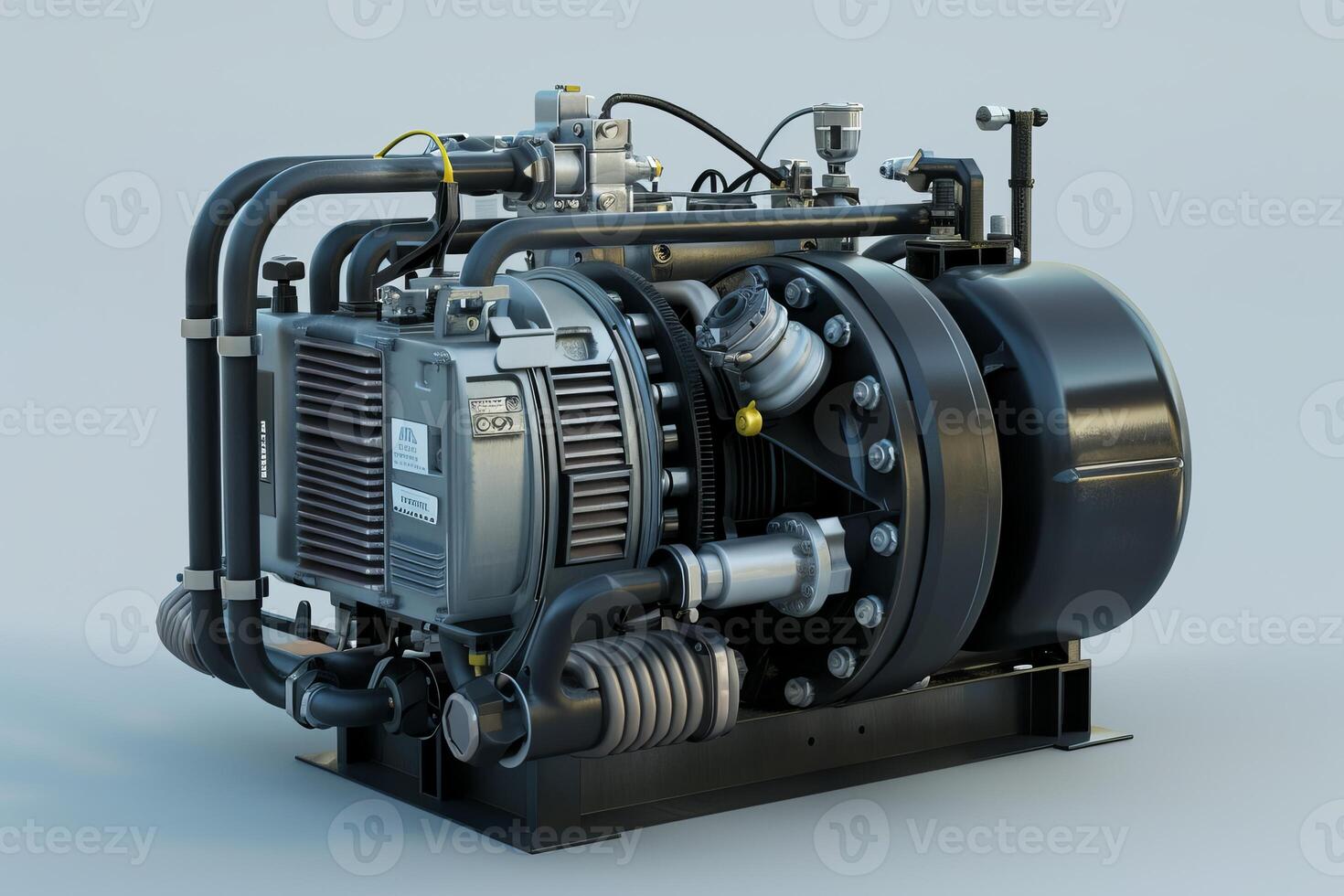 Powerful industrial air compressor standing on metal frame photo