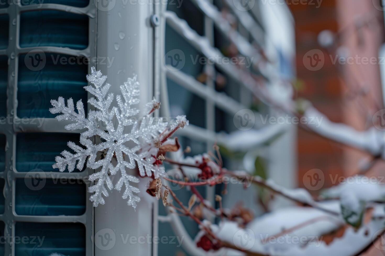 Decorative snowflake hanging on an outdoor air conditioner covered with snow in winter photo