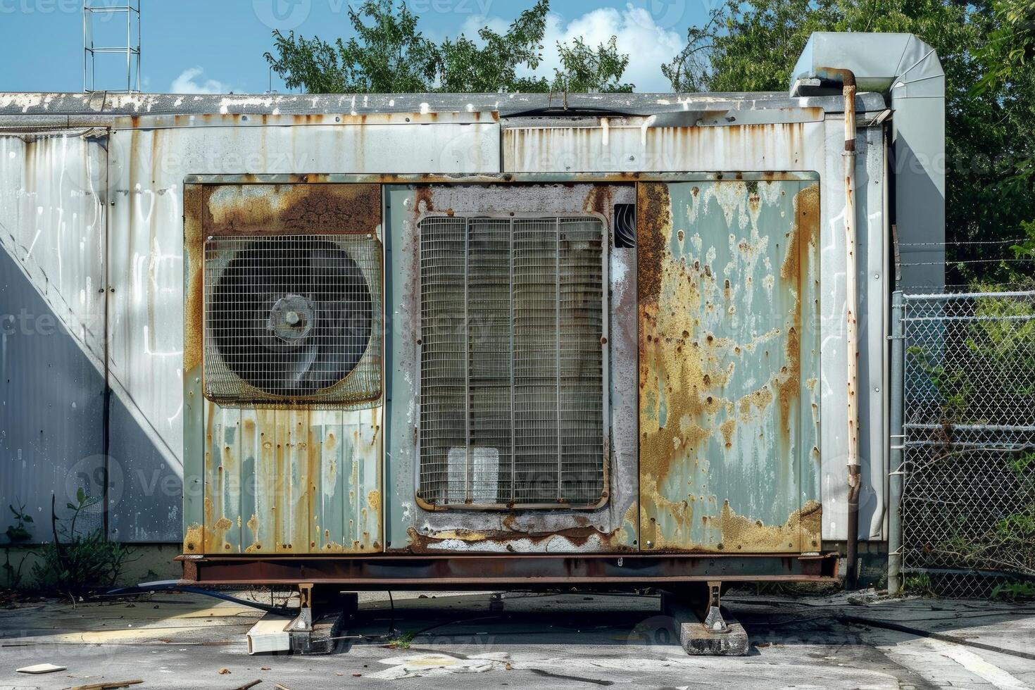 Old and rusty industrial air conditioning unit sitting on rooftop photo