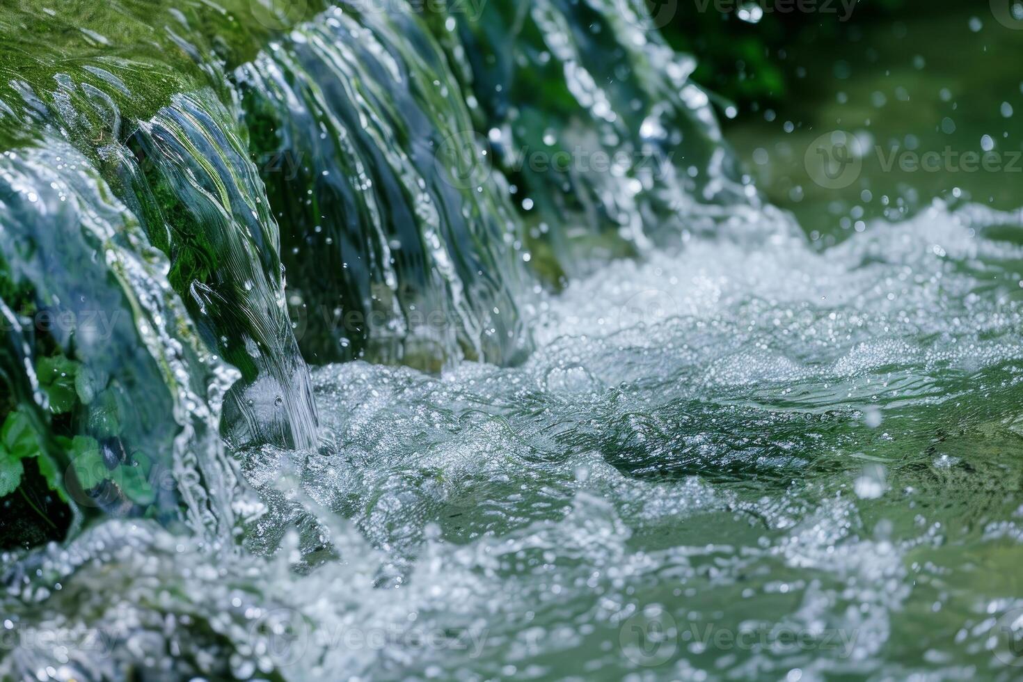 Fresh water cascading over moss covered rocks in nature photo