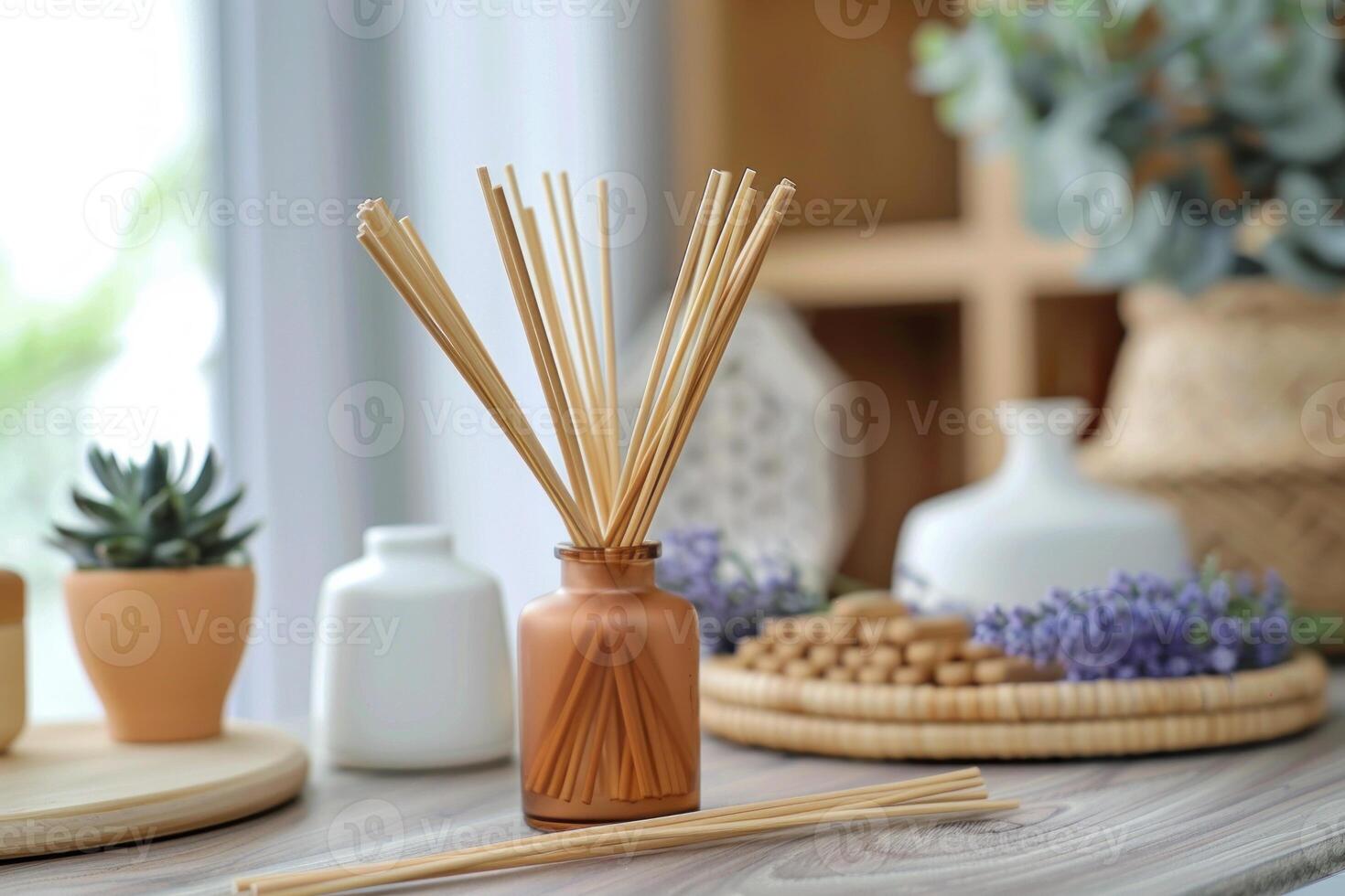 Aromatic reed diffuser bringing pleasant fragrance into modern apartment photo