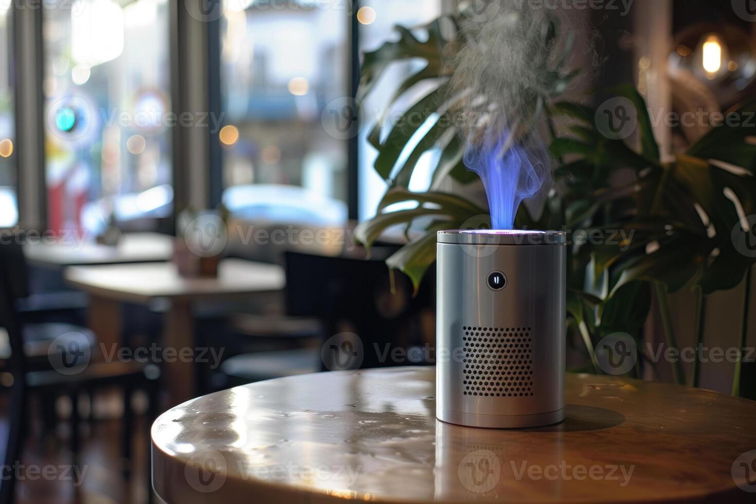 Air purifier working on table in restaurant during lunchtime photo