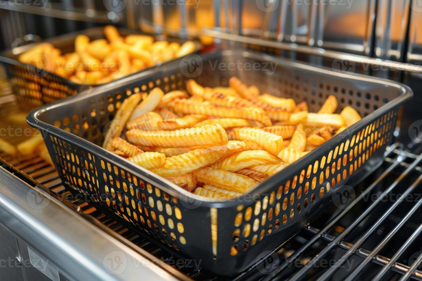 French fries cooking in deep fryer basket in restaurant kitchen photo