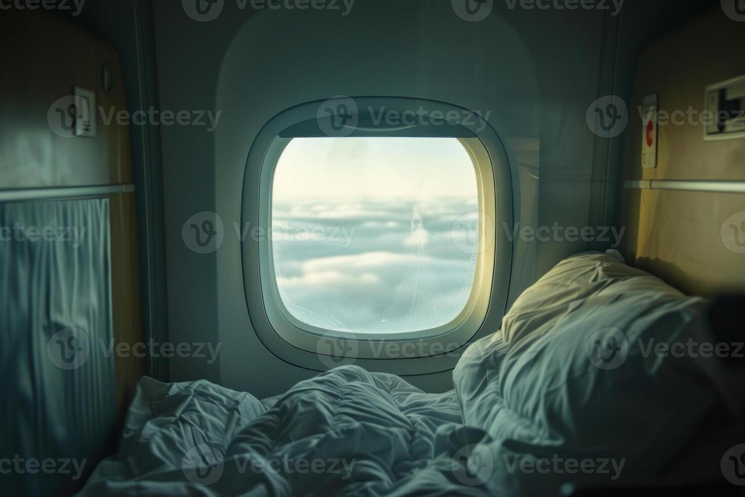 Empty first class airplane bed is showing a cloudy sky view photo