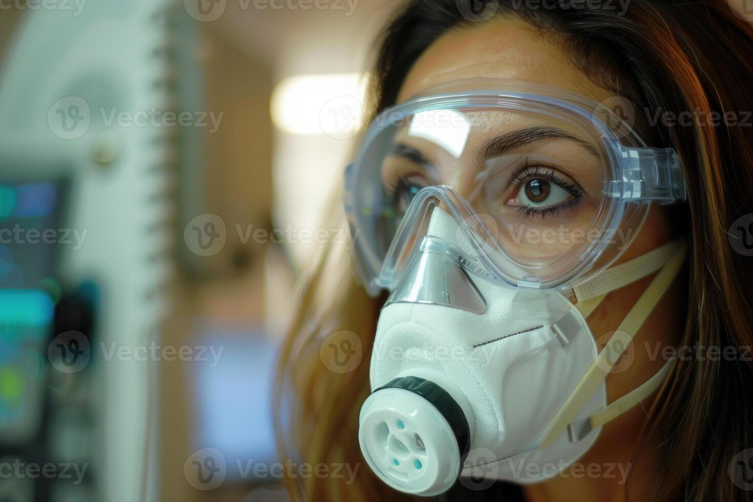 Female doctor wearing respirator mask working in hospital photo
