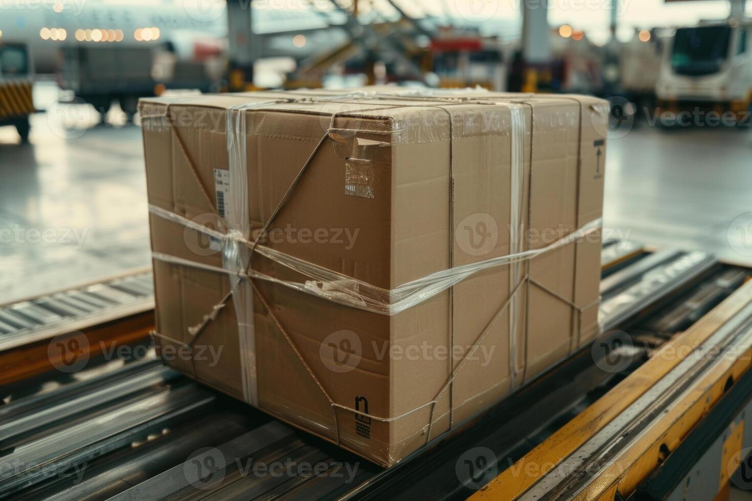 Cardboard box standing on conveyor belt in distribution warehouse photo