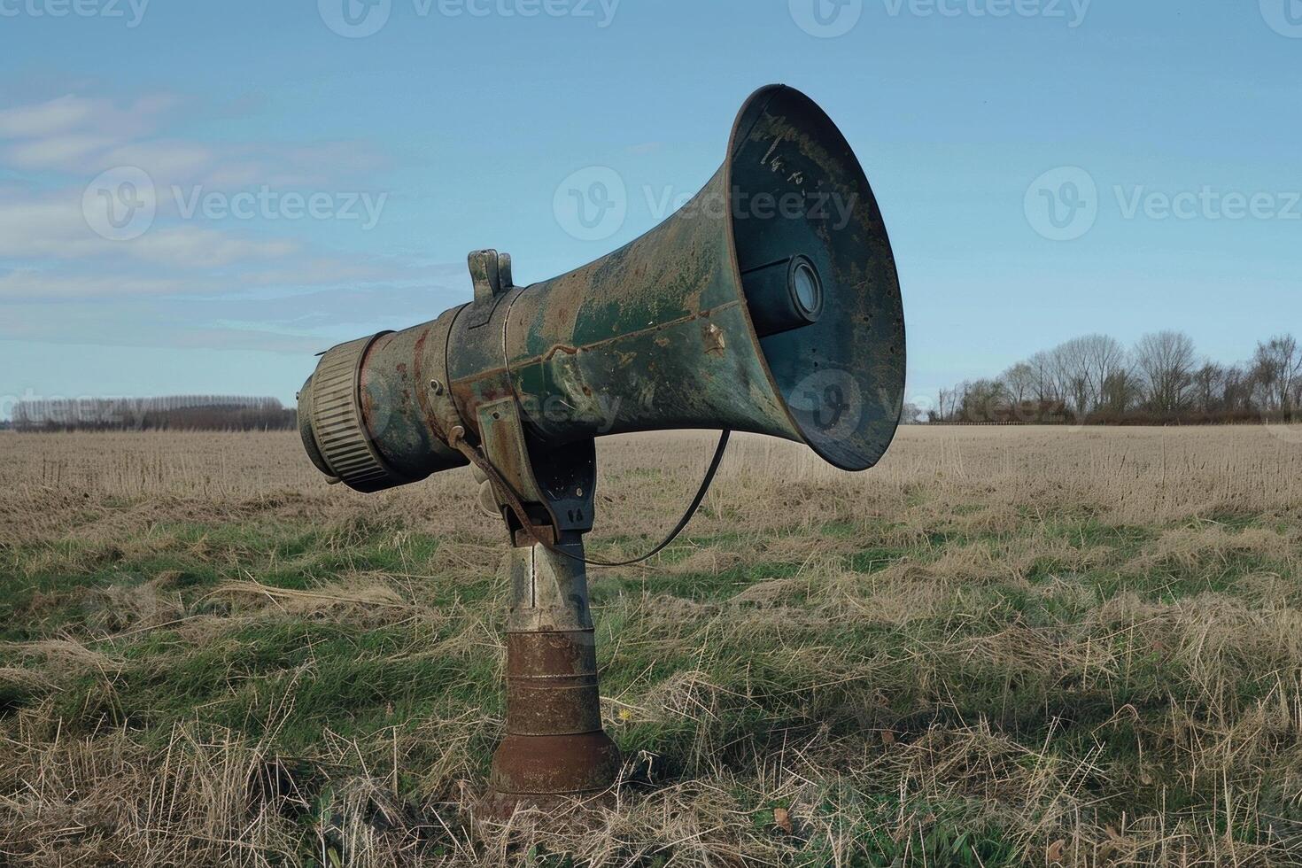 Old rusty loudspeaker standing in a field with trees in the background photo
