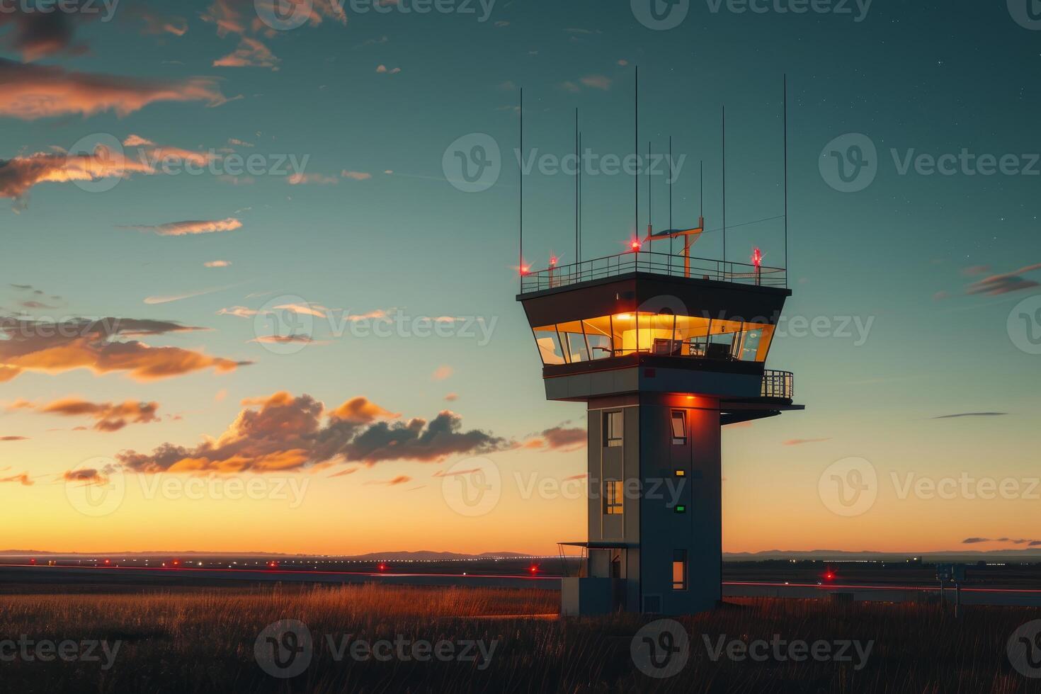 Modern airport control tower standing on airfield at sunset photo