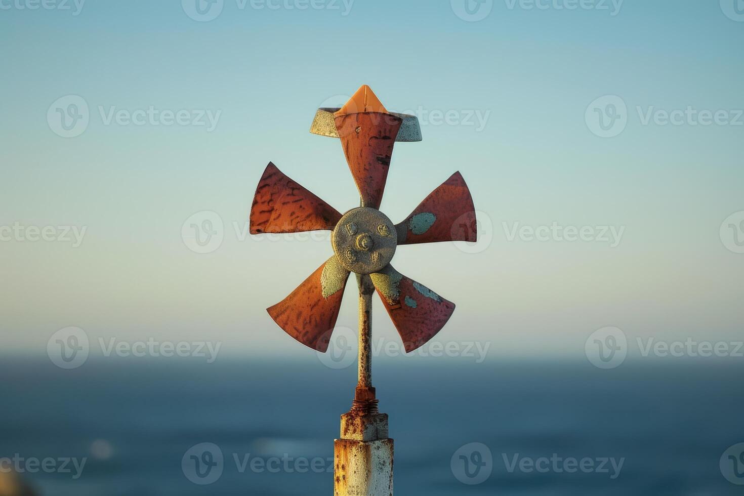 Rusty weathervane standing against a blue ocean background photo