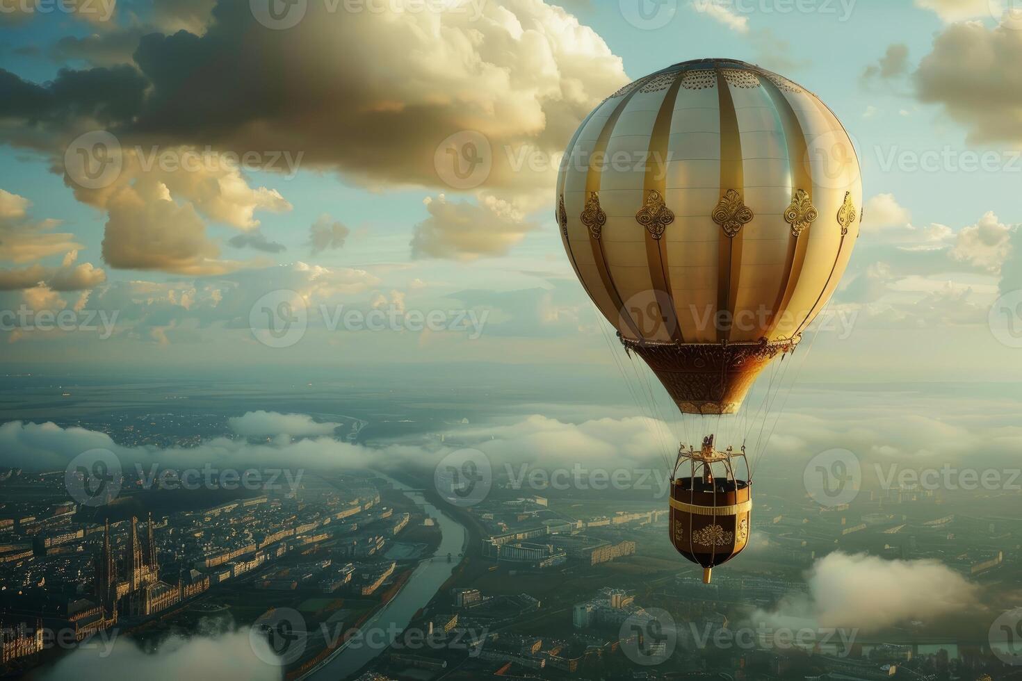 Hot air balloon soaring over a city at sunset photo