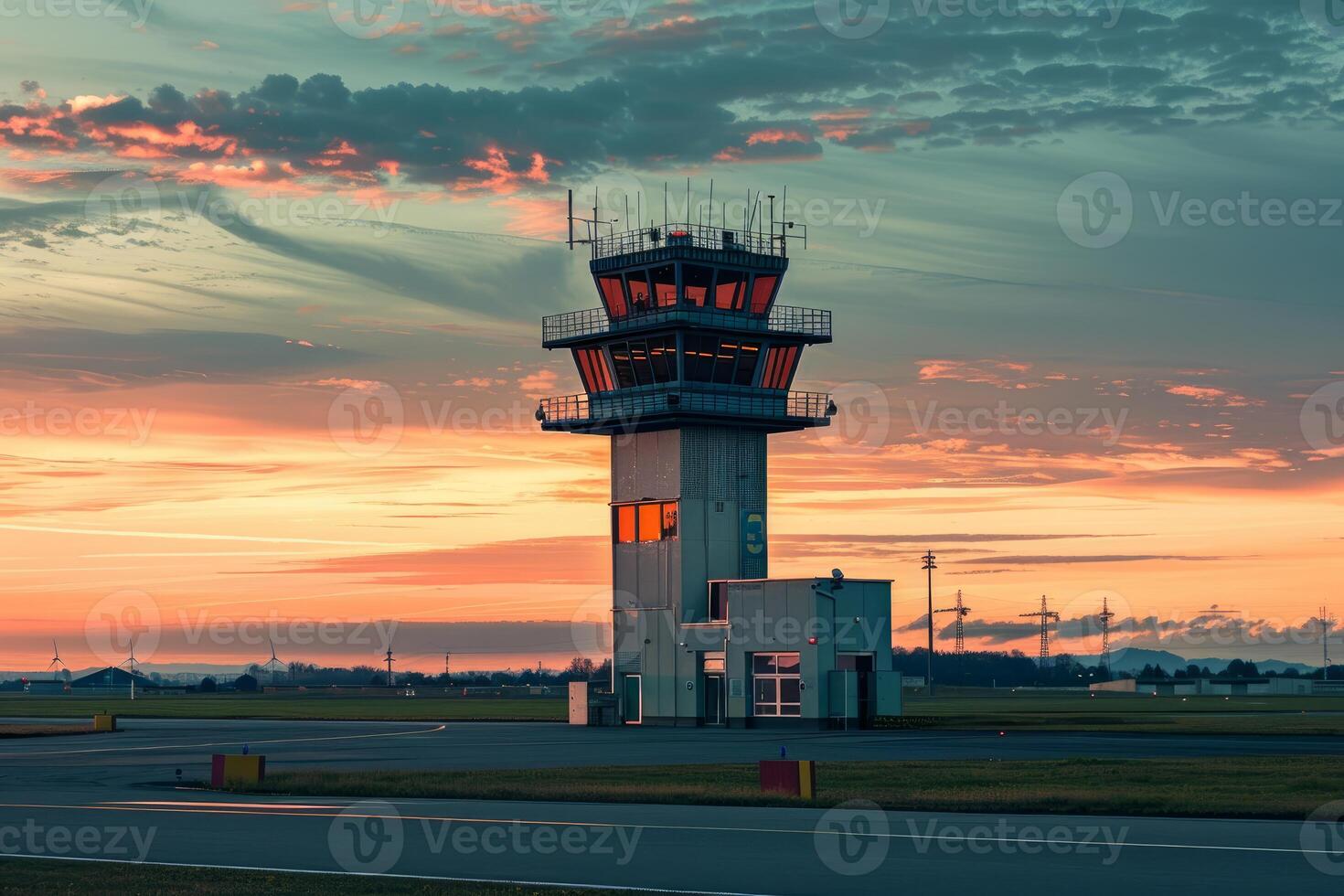 Airport control tower standing on airfield at sunset photo