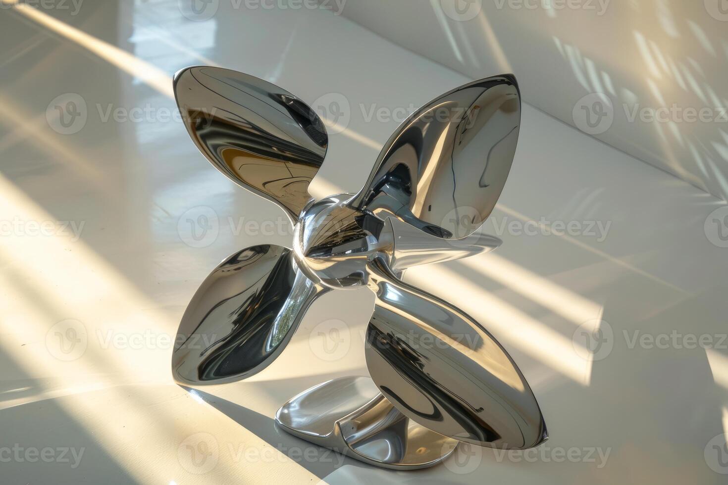 Shiny chrome boat propeller casting reflections on white surface photo