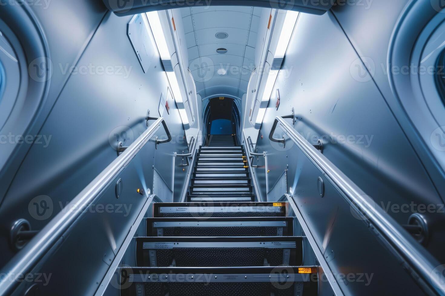 Empty stairway leading to upper deck of airplane photo