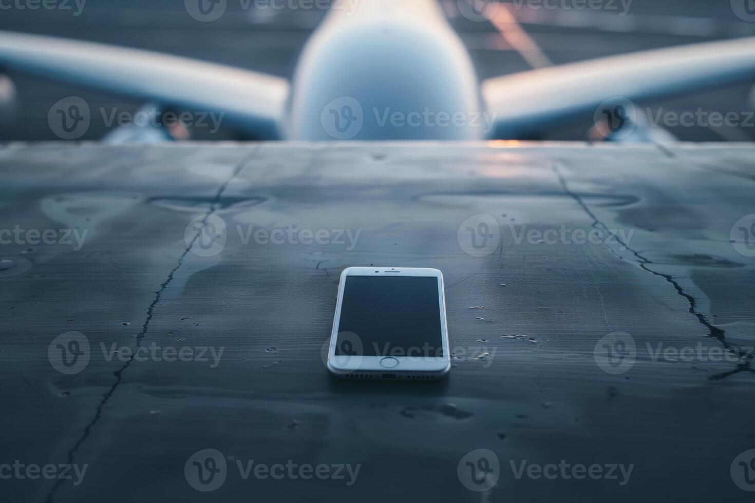 Smartphone lying on concrete with airplane in background photo