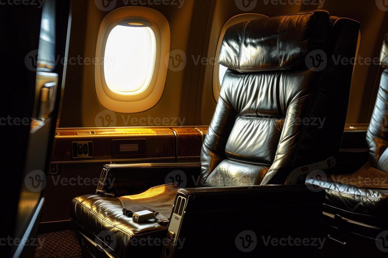 Empty first class airplane seat awaiting passenger photo