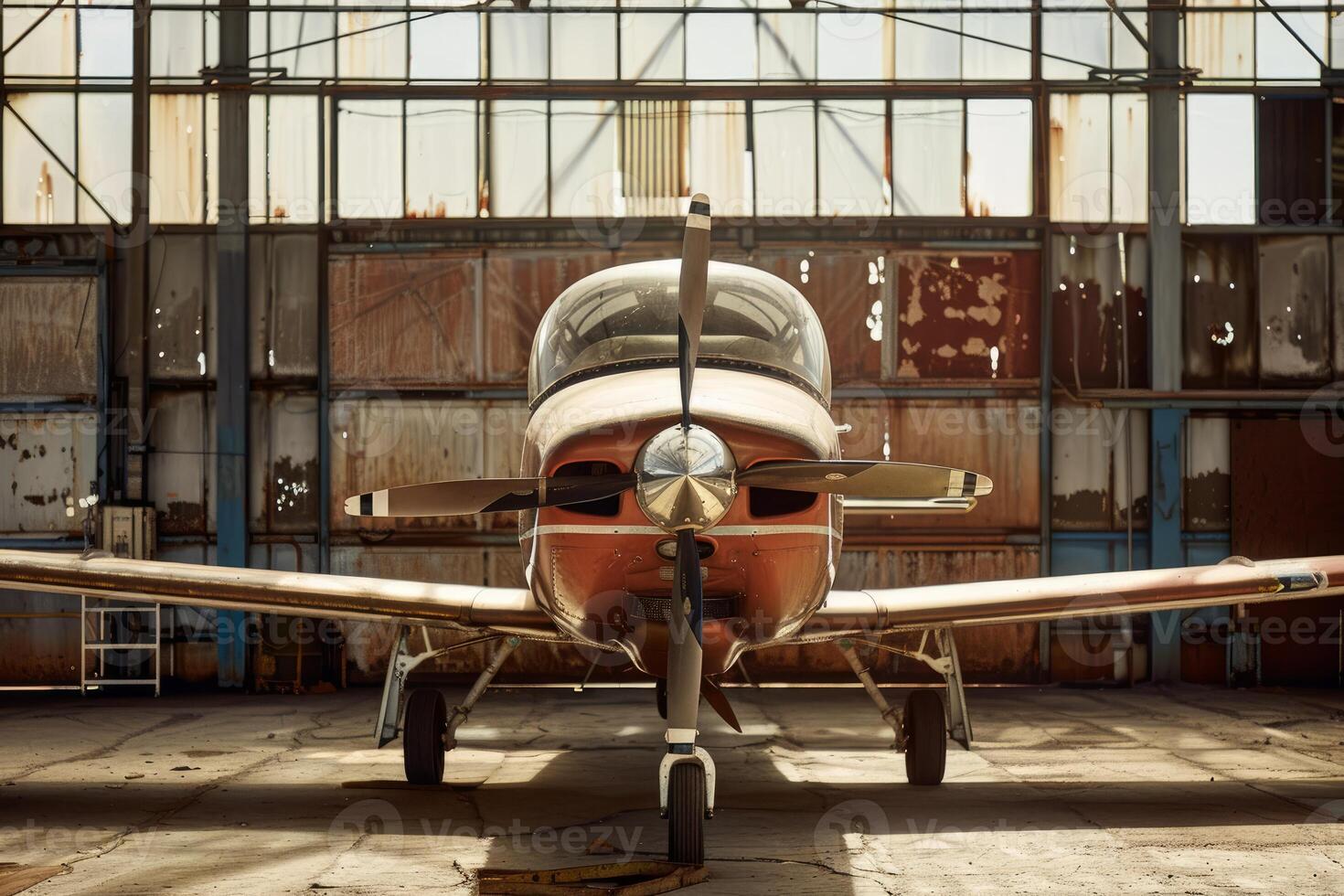 Small airplane standing inside an empty hangar photo