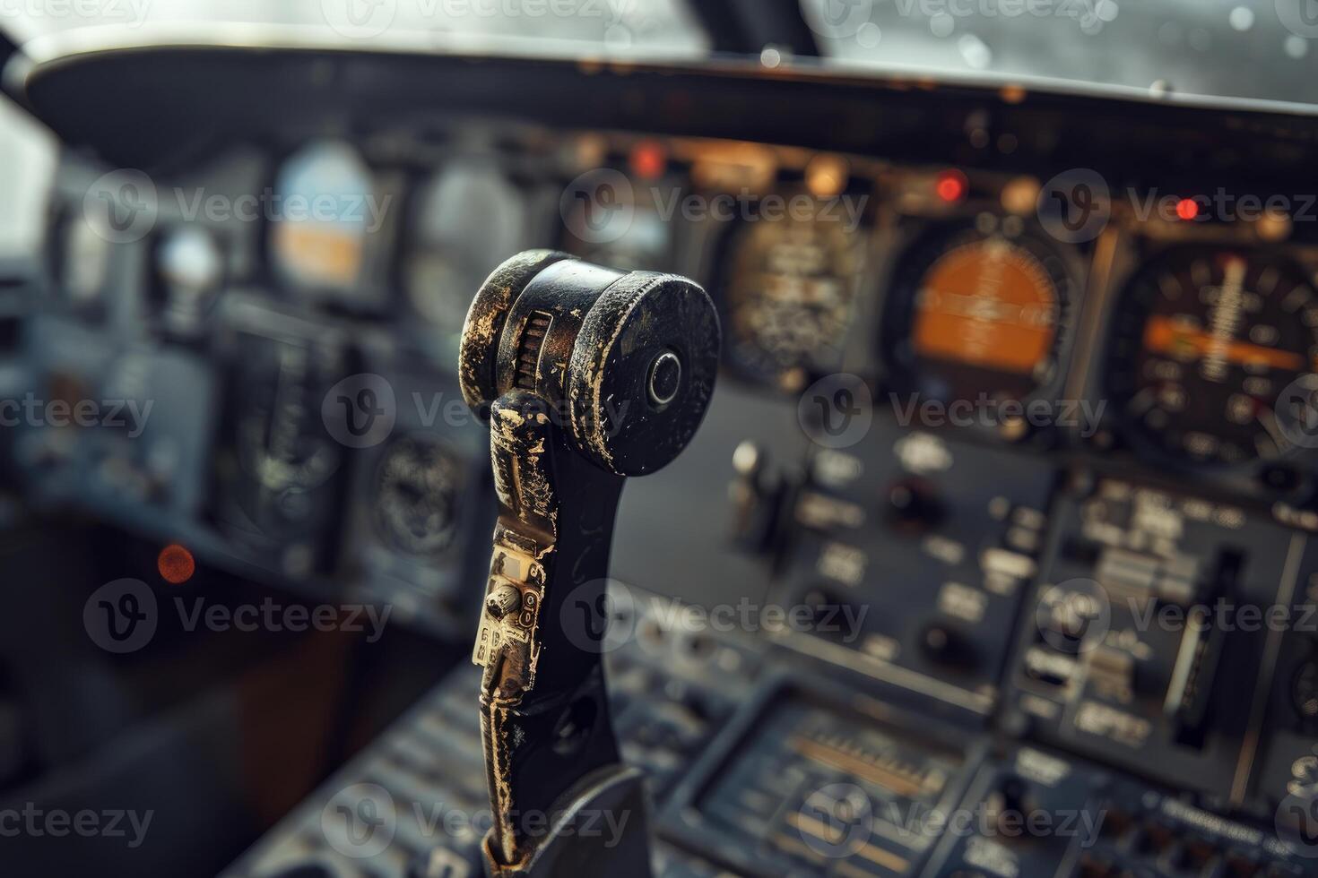 Airplane cockpit control stick showing age with peeling paint photo