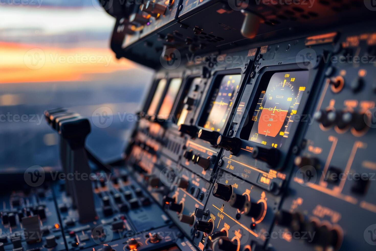 Airplane cockpit control panel showing sunset outside window photo