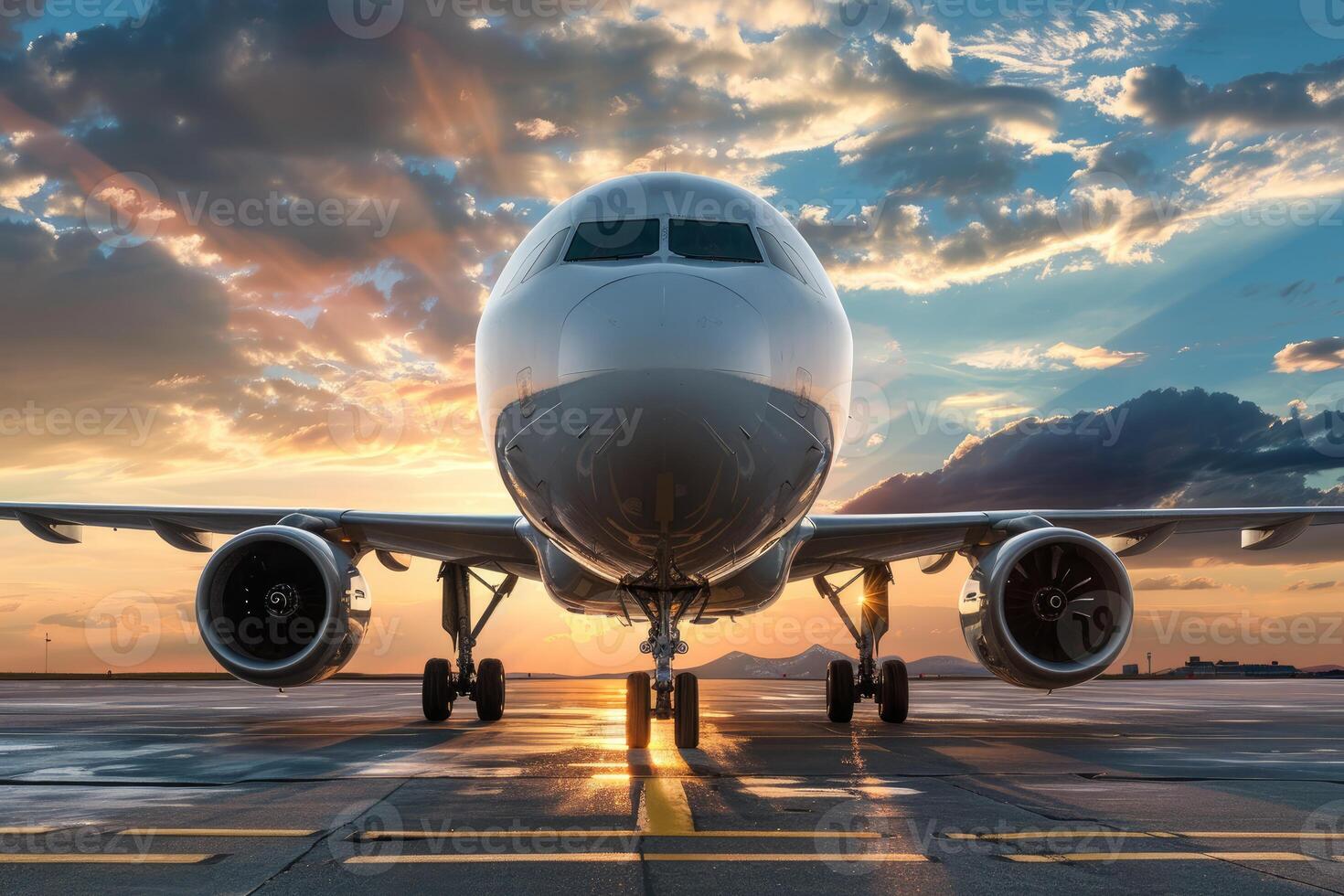 White passenger airplane standing on a runway at sunset photo