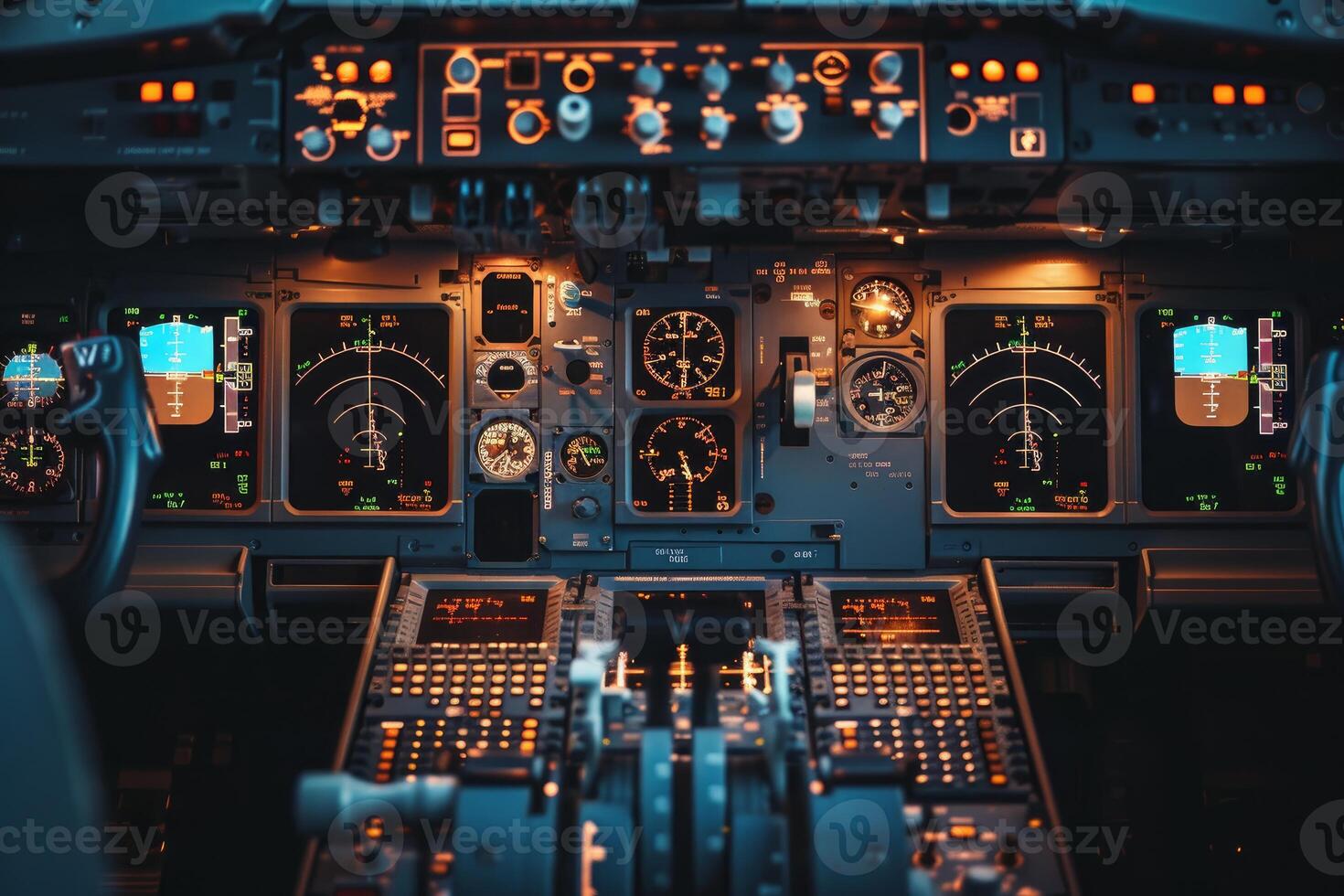 Airplane cockpit control panel showing flight data photo