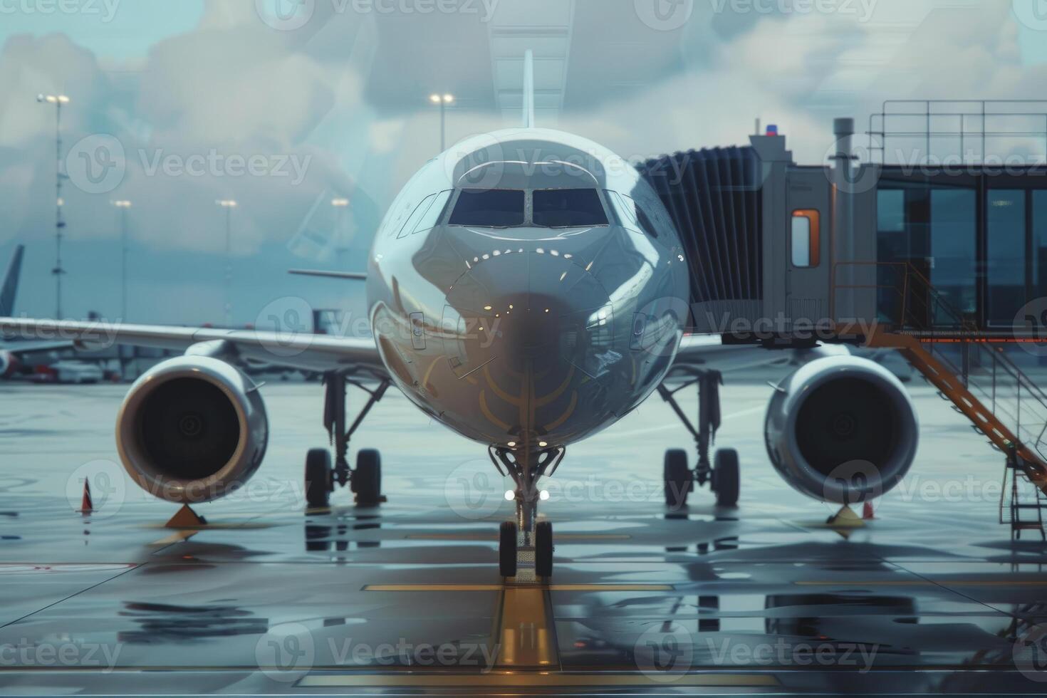 Large passenger airplane is waiting at the gate on a cloudy day photo