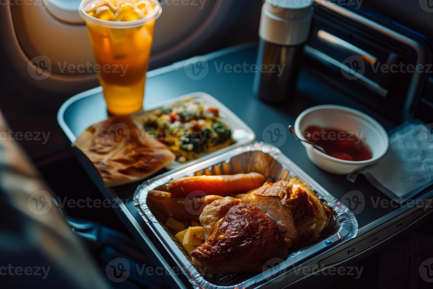 Delicious roasted chicken and sausages meal served on airplane tray table for passenger photo