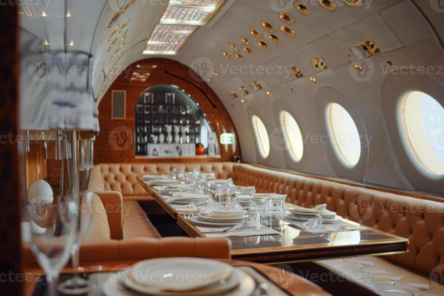 Luxurious dining area inside private jet being prepared for passengers photo