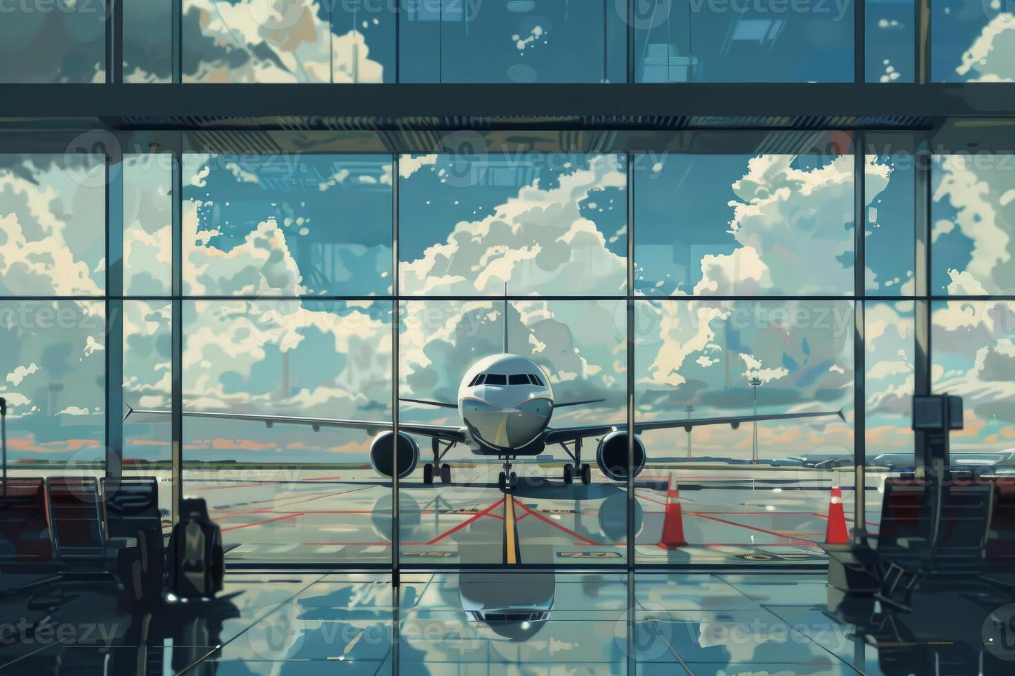 Modern passenger airplane standing at gate in airport terminal photo