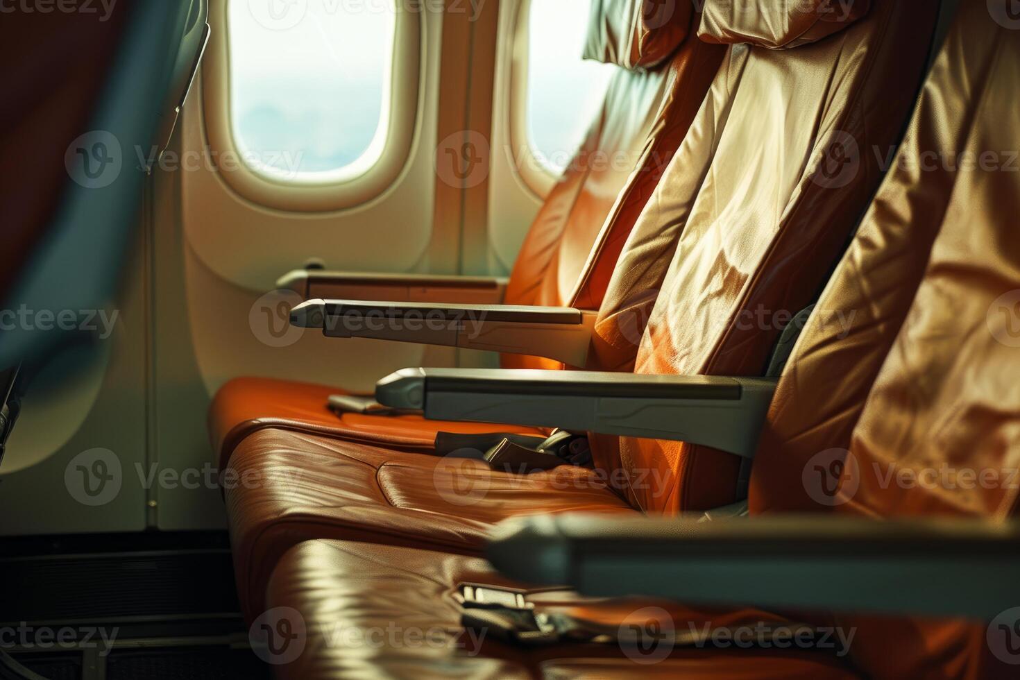 Empty airplane seats waiting for passengers by window photo