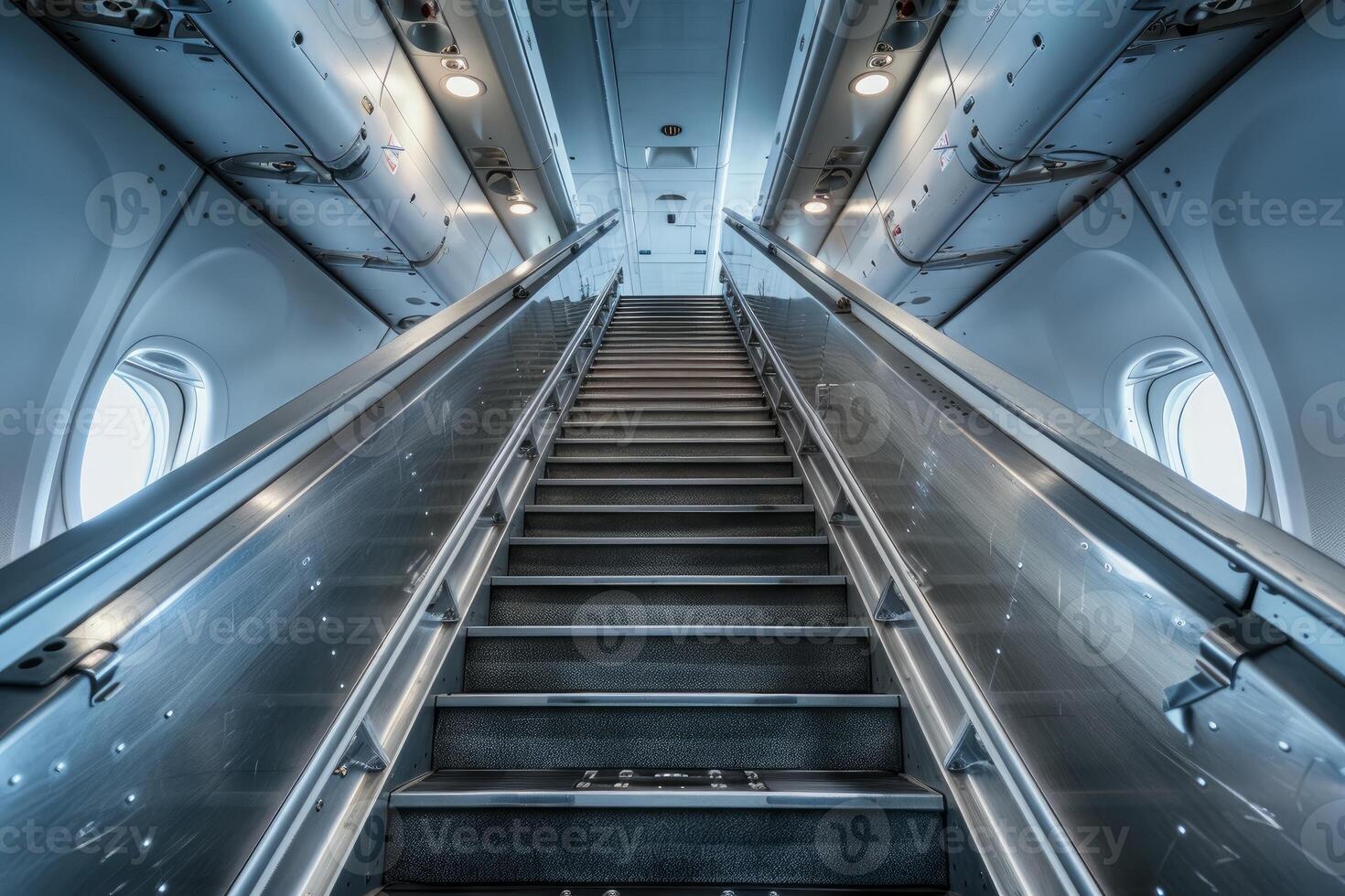 Metal staircase leading upwards inside airplane fuselage photo