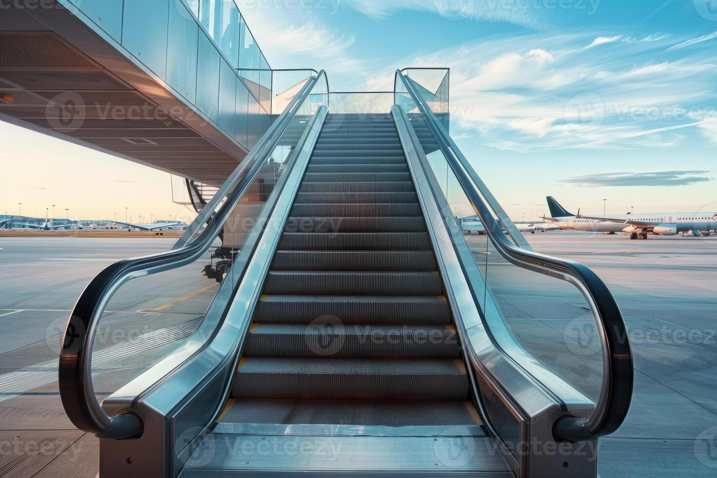 Empty escalator leading to glass walkaway in airport photo