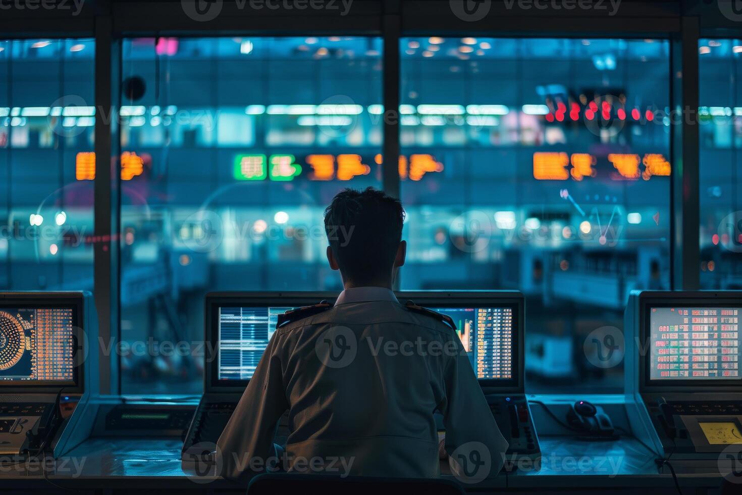 Air traffic controller working at night, surrounded by computers and screens photo