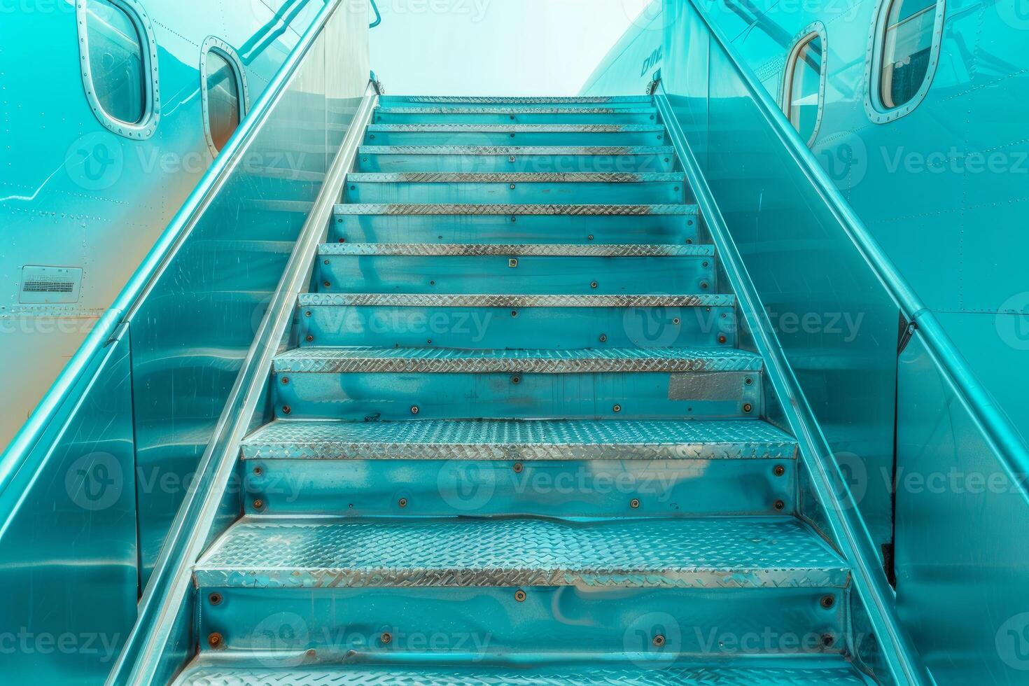 Metal stairs leading to airplane entrance under blue sky photo