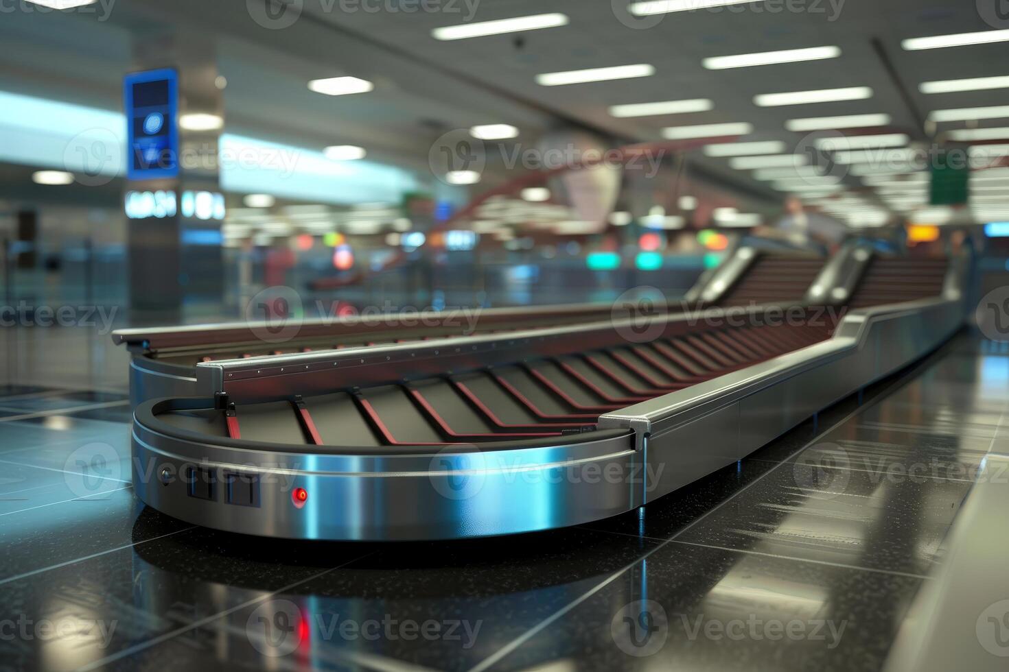 Empty baggage claim conveyor belt winding through airport terminal photo