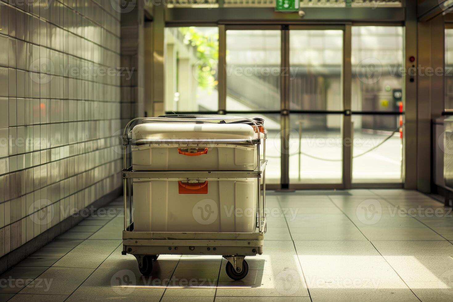 Catering service cart waiting outside building entrance for delivery photo
