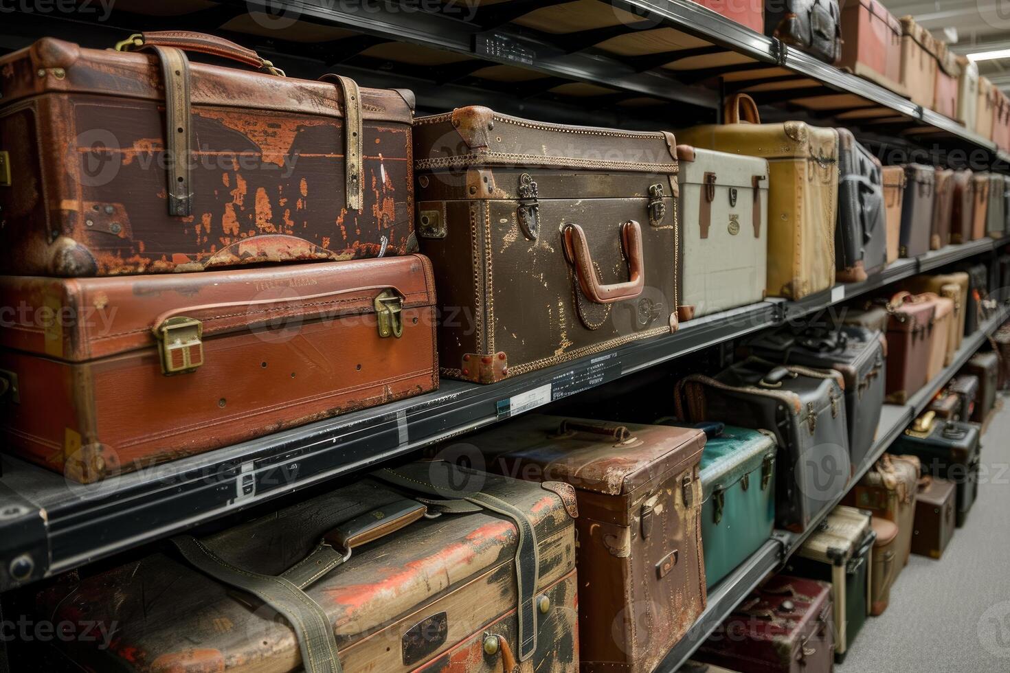Rows of vintage suitcases resting on metal shelves photo