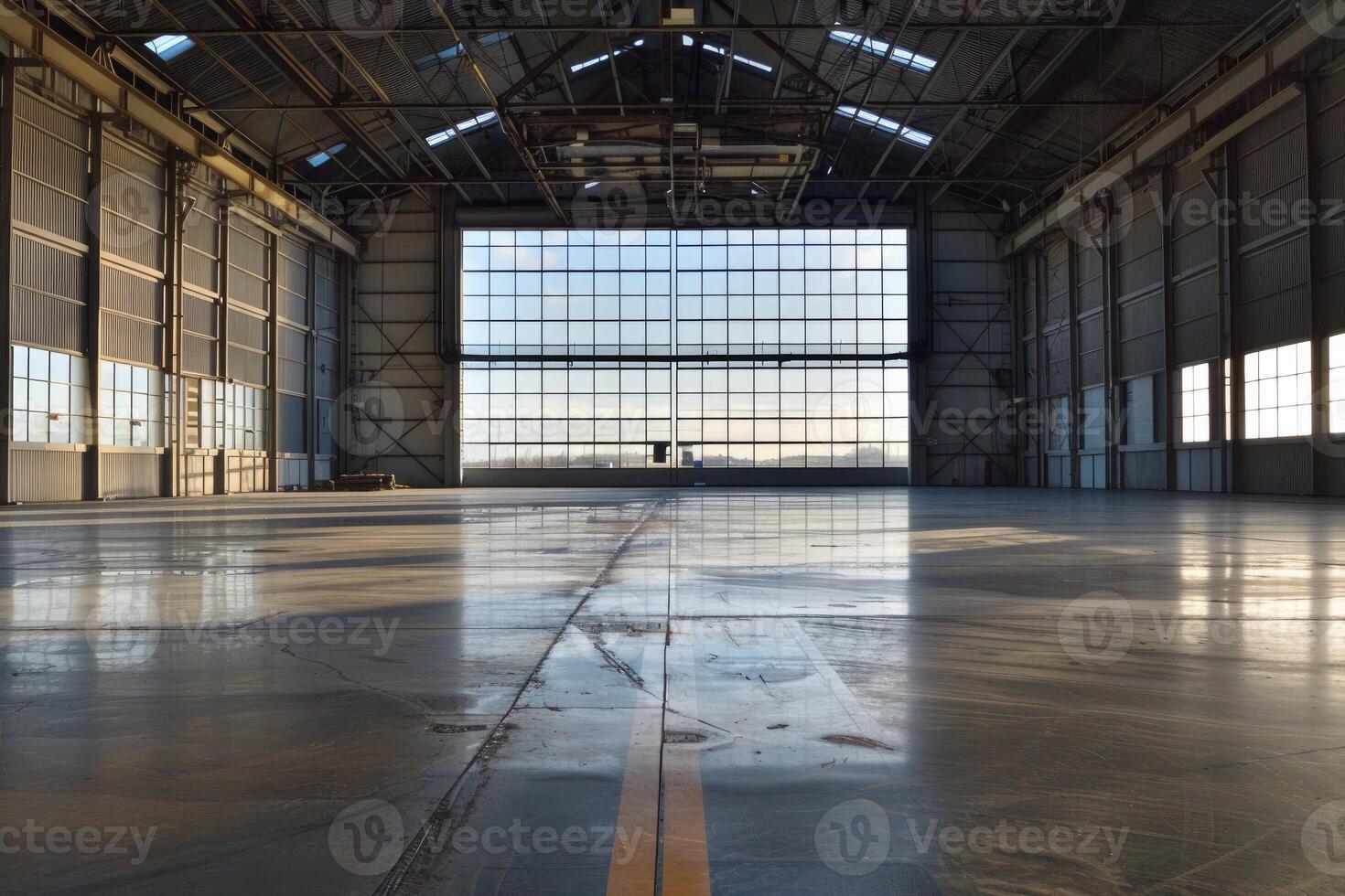 Sunlight shining through large windows of empty warehouse photo