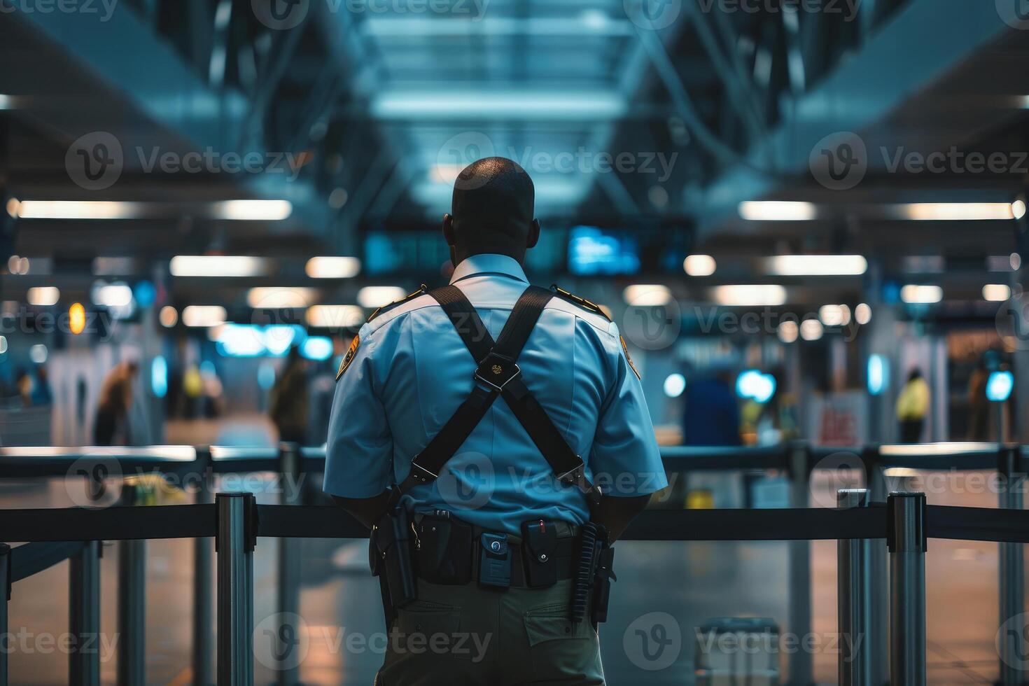 Security guard standing guarding airport terminal entrance watching passengers photo