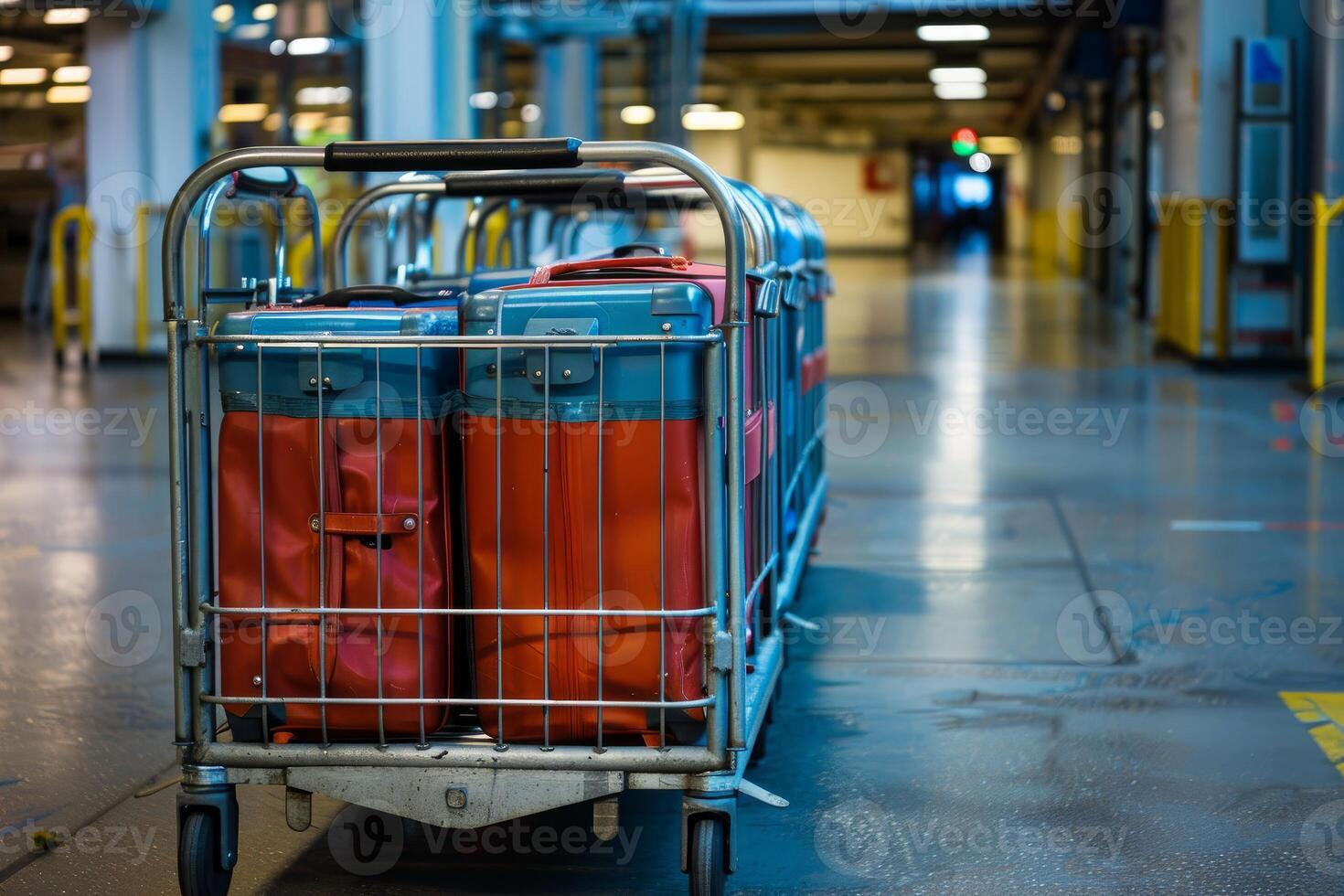 Luggage cart standing with bags and suitcases in airport terminal photo