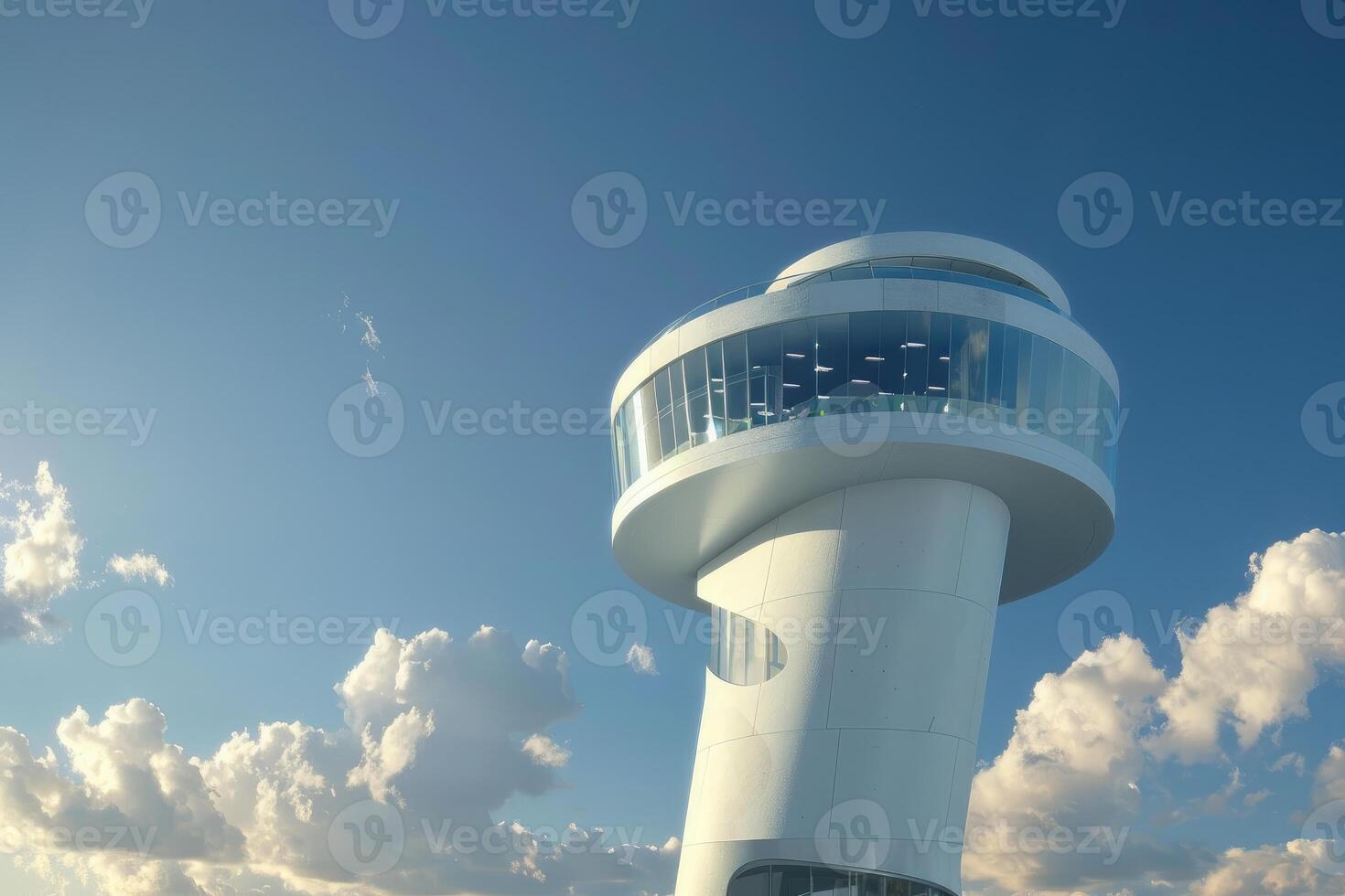 Modern control tower standing tall against blue sky with clouds photo