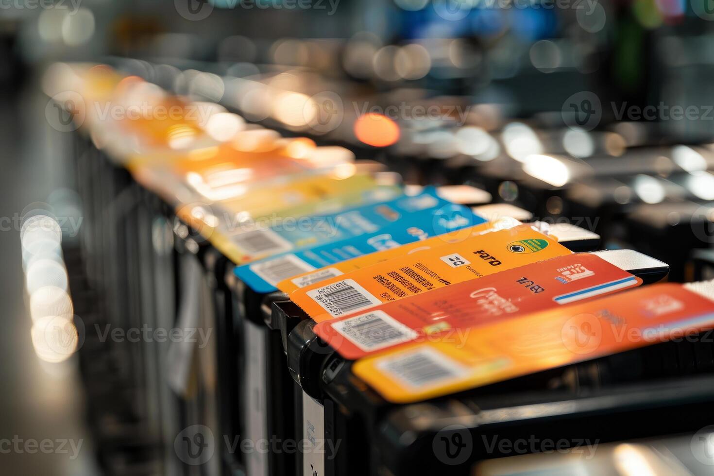 Conveyor belt moving luggage with tracking labels at airport check in photo