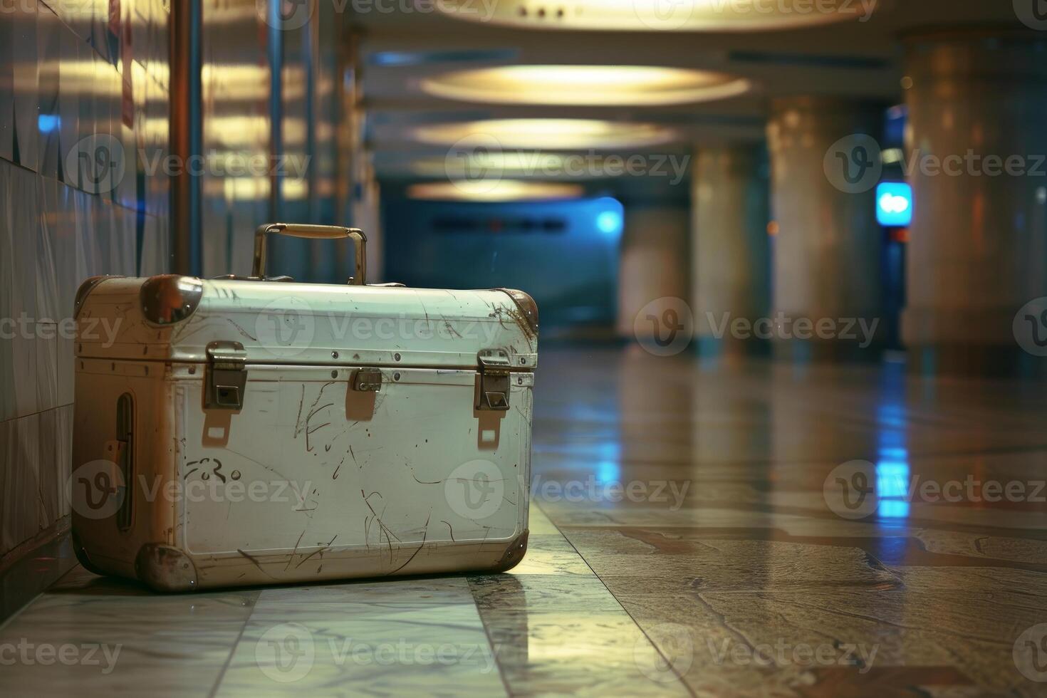 Old worn suitcase is standing alone in empty subway station photo