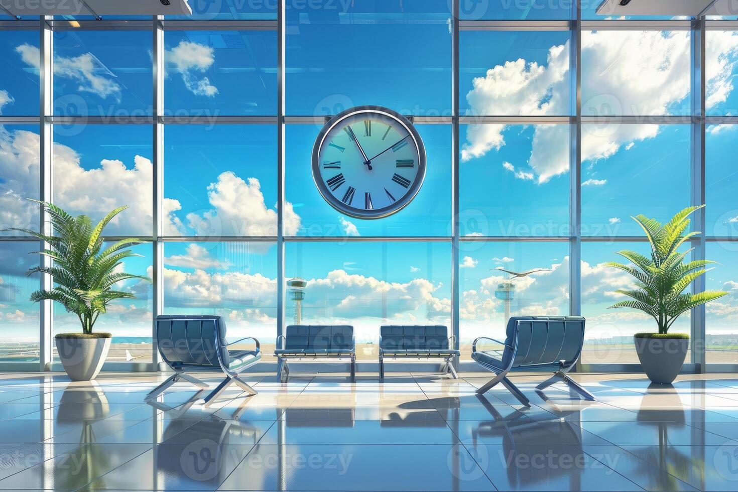 Empty airport terminal waiting area with large clock and blue sky photo