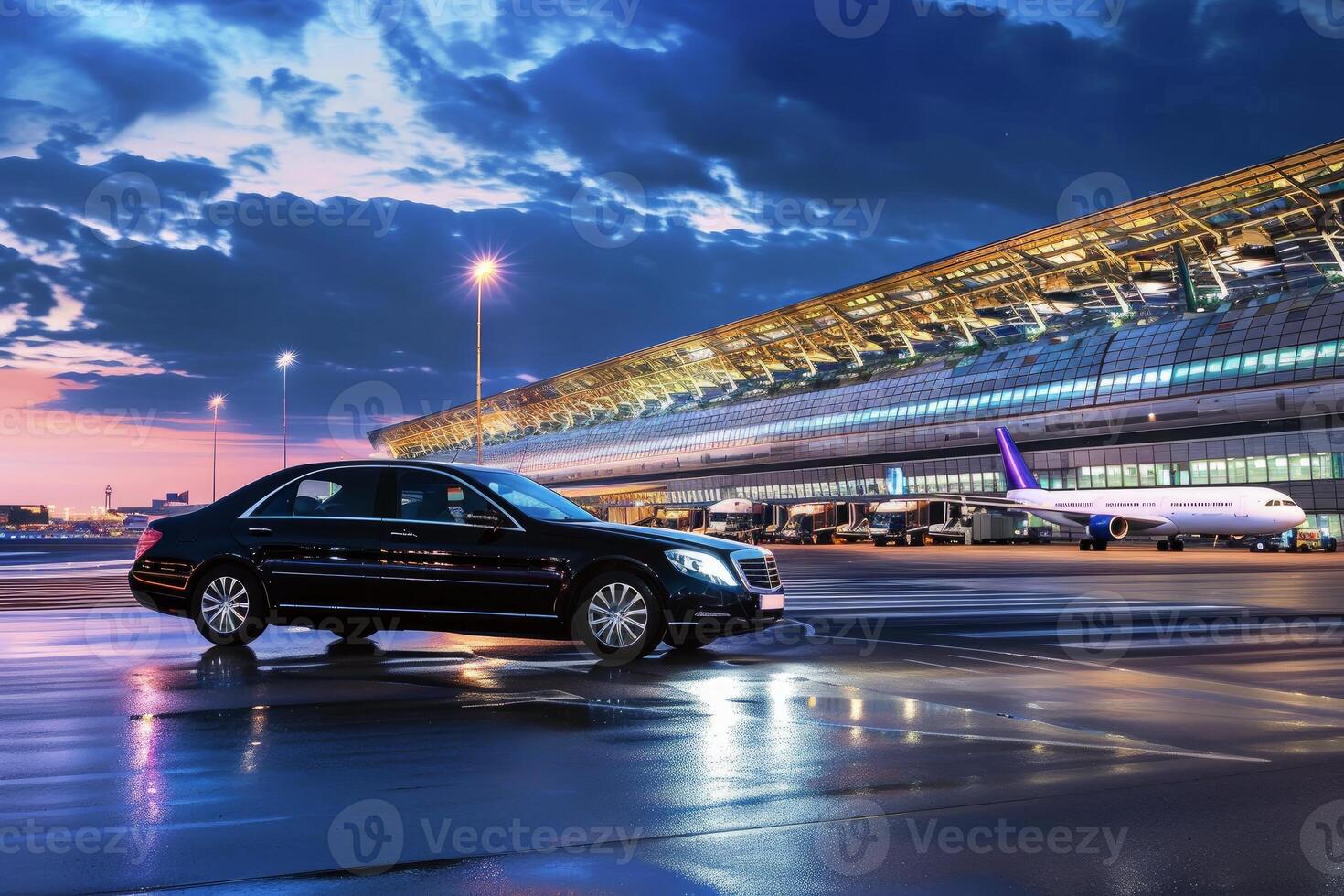 Black luxury sedan driving on airport tarmac at dusk photo