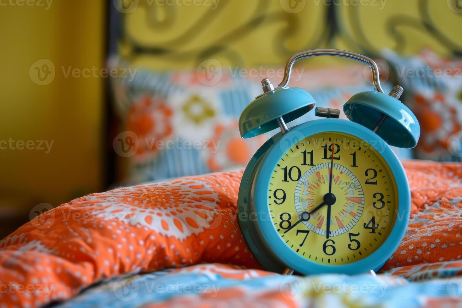 Blue alarm clock sitting on a colorful bedspread showing seven o'clock photo