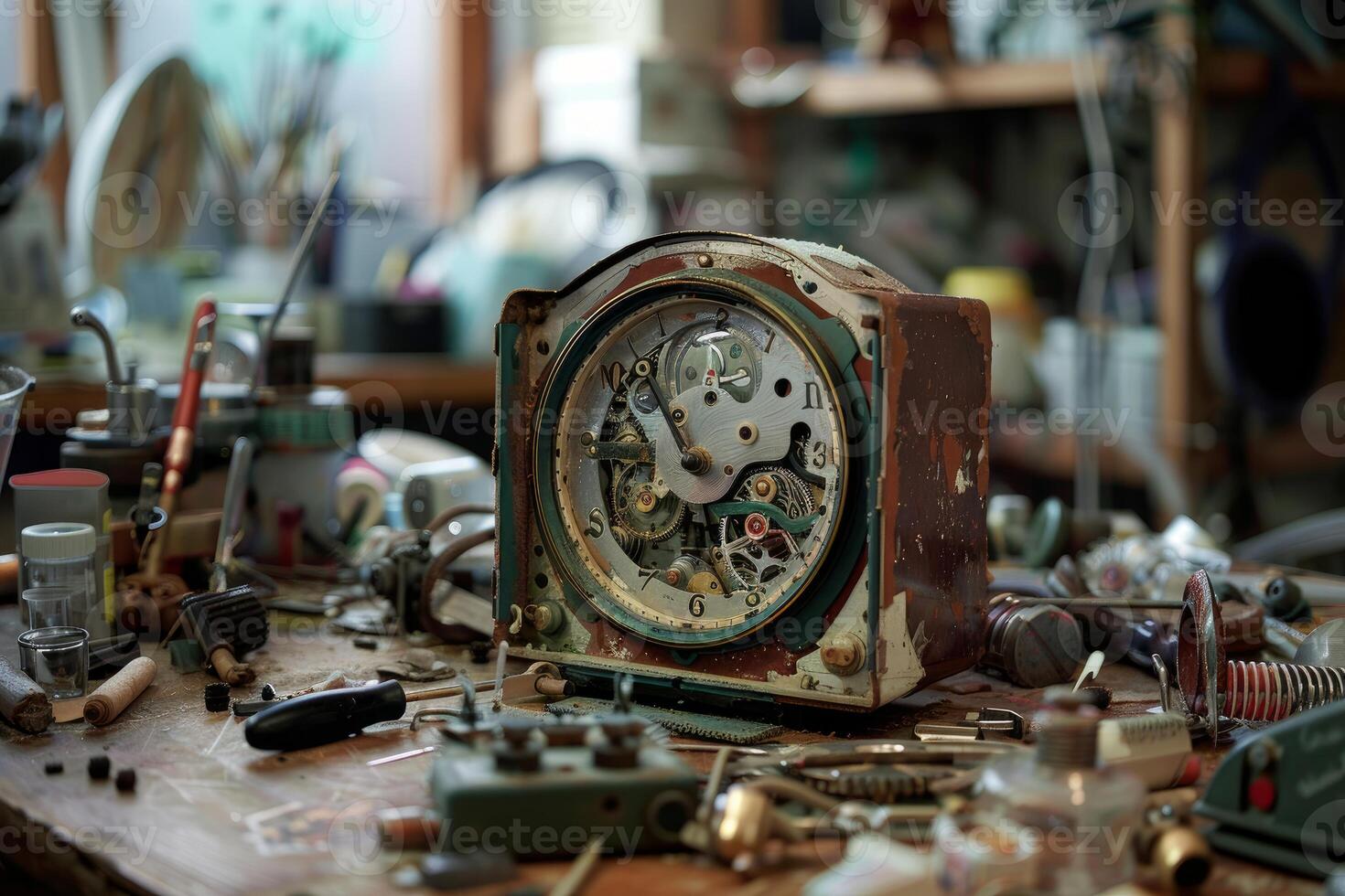 Old broken dismounted clock with visible mechanism lying on watchmaker workbench photo